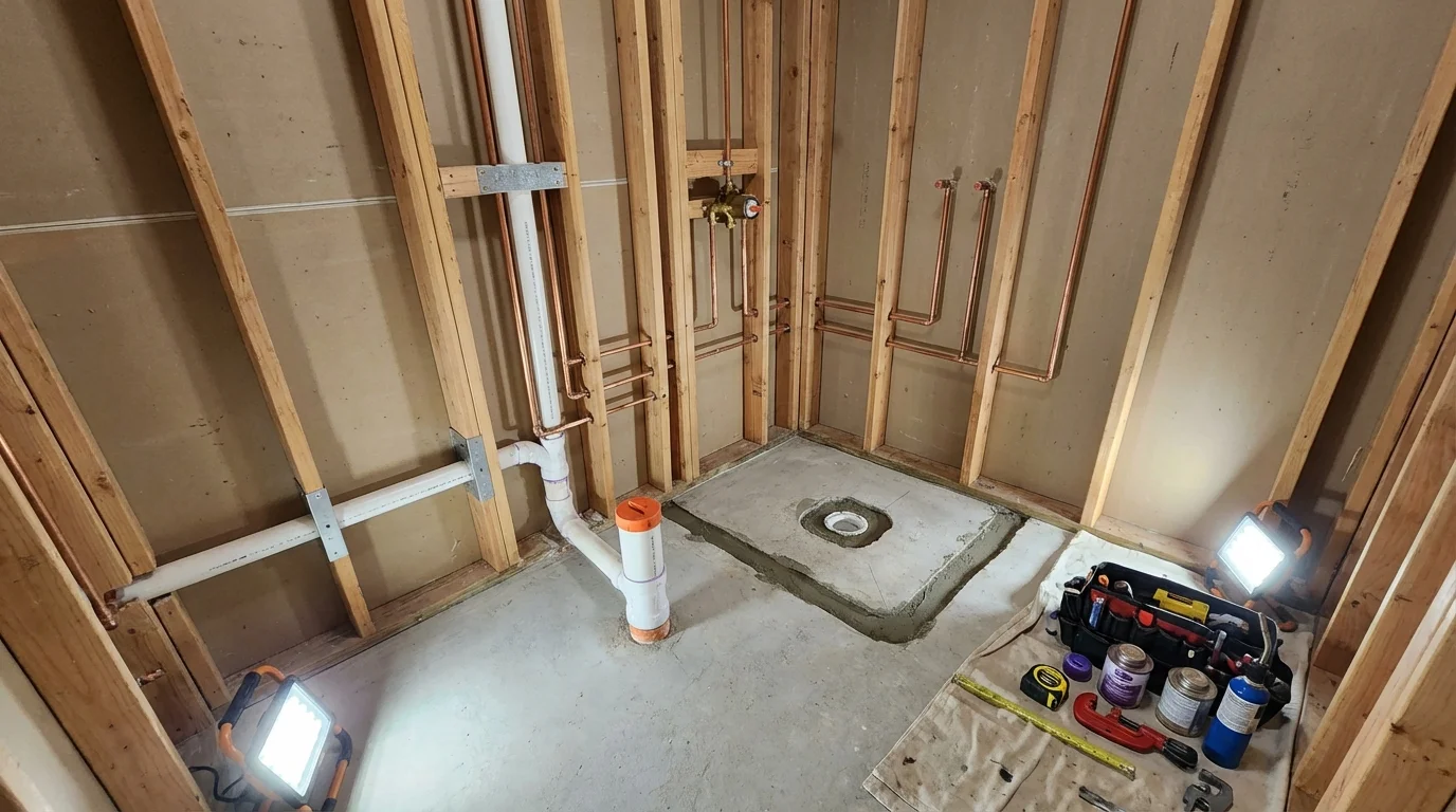 Bathroom rough-in plumbing during remodel by Johns Plumbing LLC in Leonard
