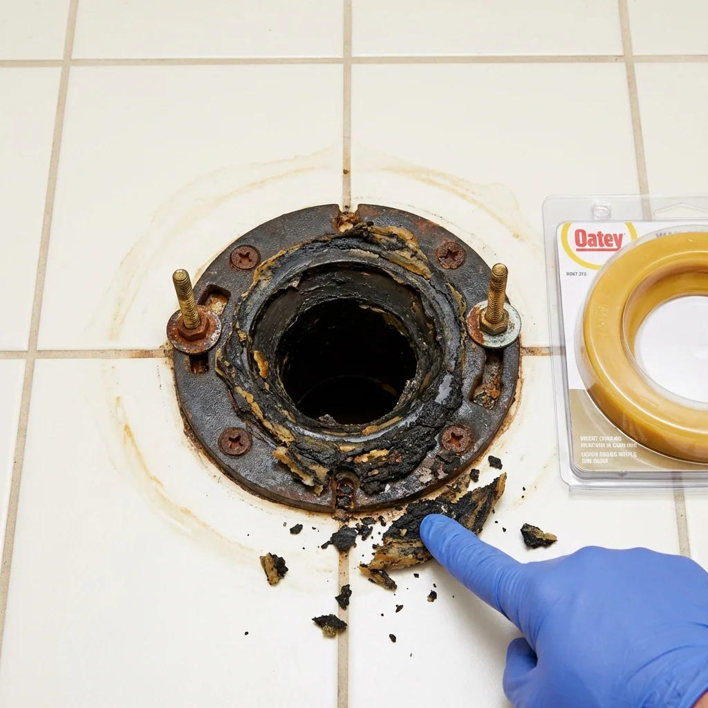 Failed wax ring showing water seepage at the base of a toilet in a Leonard, TX home