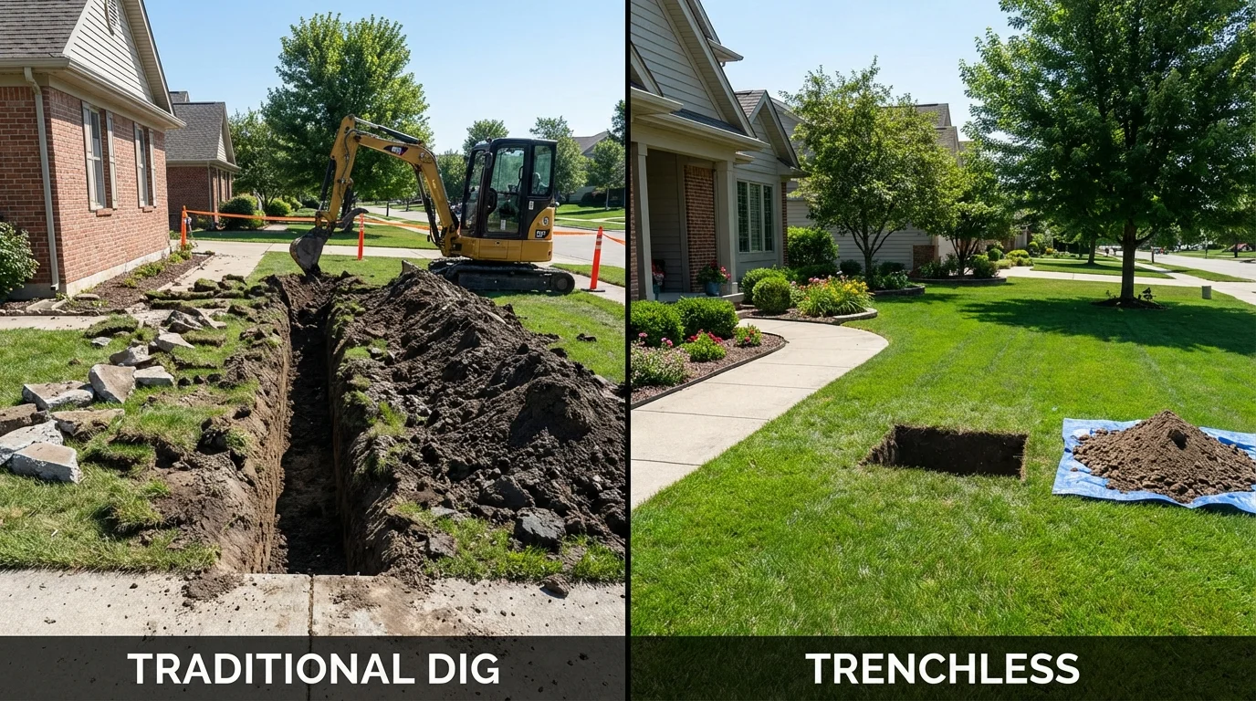 Trenchless sewer repair with minimal yard damage versus traditional excavation in Leonard, TX