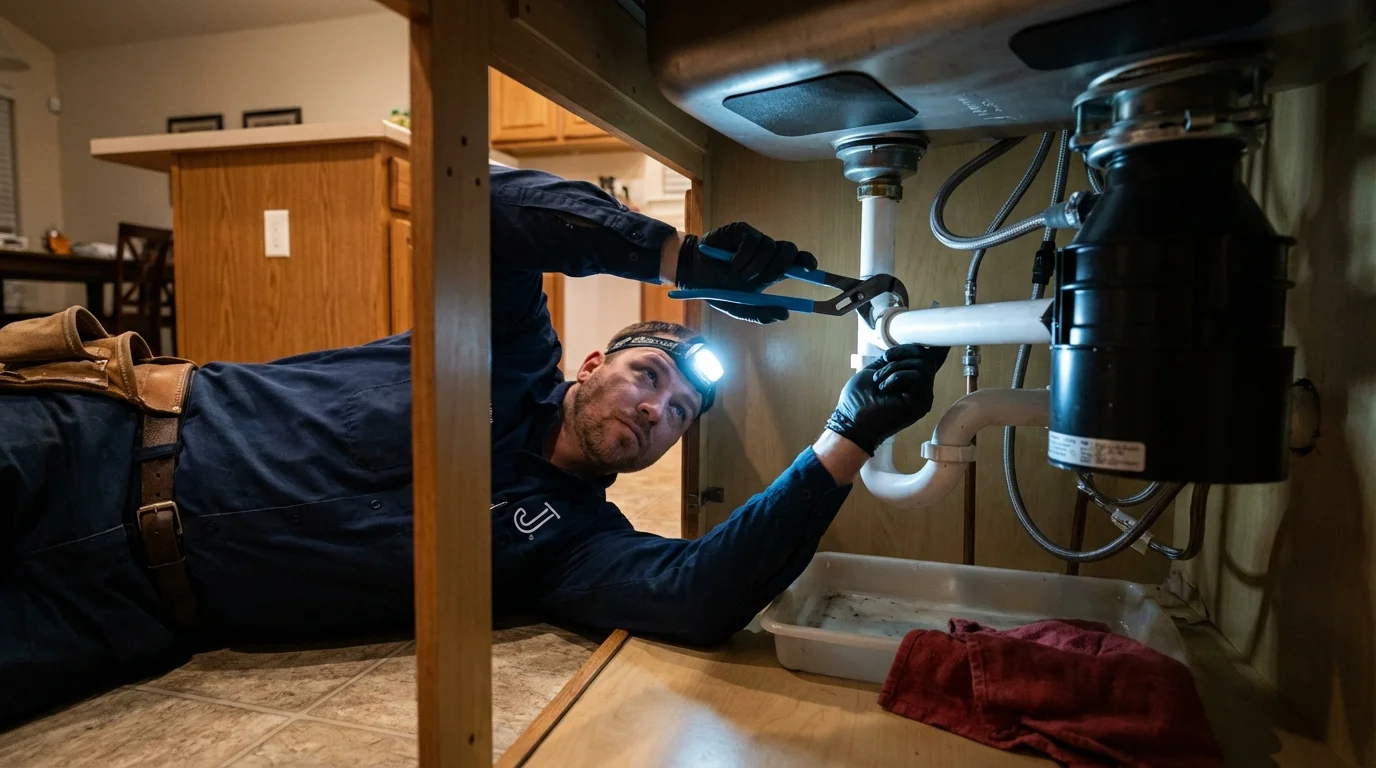 P-trap and supply line connections under a kitchen sink showing a common leak point in Leonard, TX
